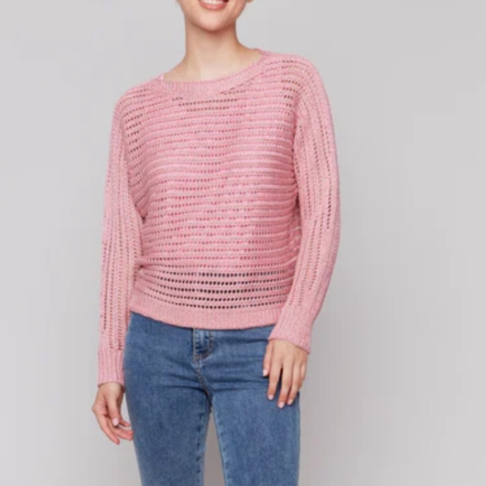 Charlie B Metallic Fishnet Dolman Crew Neck Sweater-Guava Size Small NWT